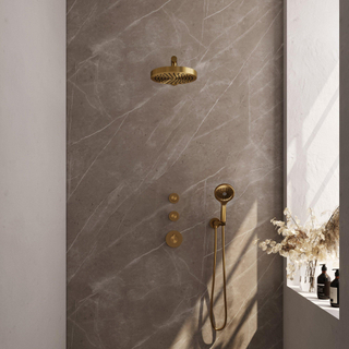 BRAUER Stripe Thermostatische Inbouw Regendouche - SET 04 - 25cm douchekop - rechte muurarm - 3-standen handdouche - doucheslang - wandaansluitbocht - goud geborsteld PVD