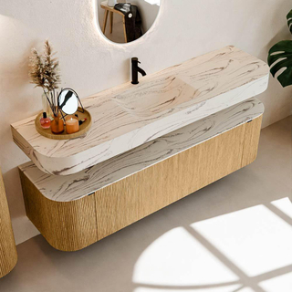 MONDIAZ THOR-DLUX 170cm badmeubel ronding links + rechts kleur Oak met 1 lade en 2 deuren. Vrijhangende wastafel CLOUD Midden 1 kraangat kleur Nata.