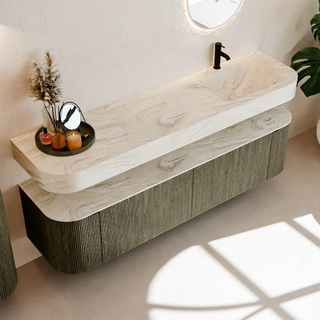 MONDIAZ THOR-DLUX 180cm meuble de salle de bains arrondi gauche + droite couleur Shadow avec 2 tiroirs et 2 portes. Vasque suspendue CLOUD Droite 1 trou de robinet couleur Ostra.