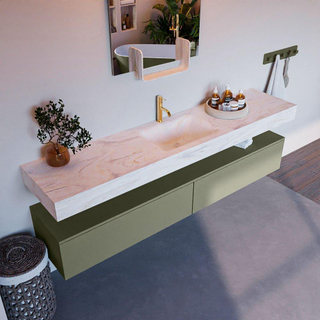 Mondiaz ALAN-DLUX Ensemble de meuble - 200cm - meuble - Army mat - 2 tiroirs - Lavabo Cloud Ostra suspendu - vasque Centre - 1 trou de robinet - Beige