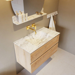 Mondiaz VICA-DLUX Ensemble de meuble de salle de bain - 90cm - meuble sous-vasque chêne blanchi - 2 tiroirs - lavabo encastré nuage milieu - sans trous de robinet - version haute 60cm - glace