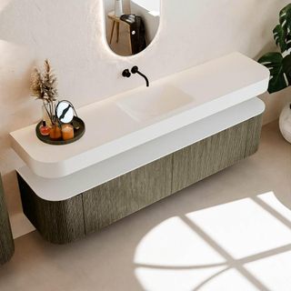 MONDIAZ THOR Meuble de salle de bains - 200cm - arrondi gauche + droite - couleur Shadow - 2 tiroirs et 2 portes - Vasque suspendue CLOUD Milieu sans trou de robinet - couleur Talc