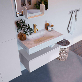 Mondiaz ALAN-DLUX Ensemble de meuble - 80cm - meuble Cale mat - 1 tiroir - Lavabo Cloud Opalo suspendu - vasque Centre - 1 trou de robinet