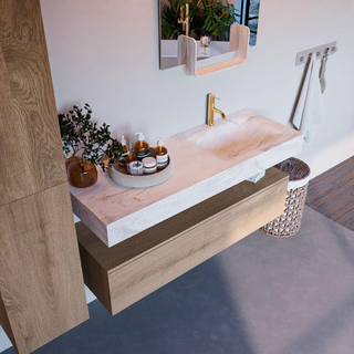 Mondiaz ALAN-DLUX Ensemble de meuble - 130cm - meuble Washed Oak mat - 1 tiroir - Lavabo Cloud Ostra suspendu - vasque Droite - 1 trou de robinet
