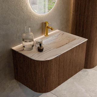 MONDIAZ KURVE-DLUX 75cm badmeubel ronding Links kleur Walnut met 1 lade en 1 deur. Wastafel GRUNNE Rechts 1 kraangat Nata.