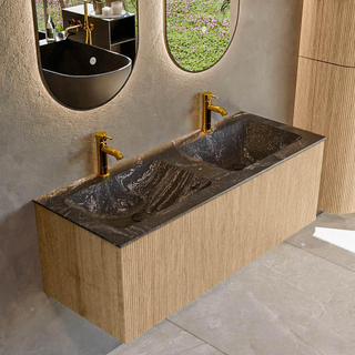 MONDIAZ KURVE-DLUX 120cm Meuble salle de bain - couleur Oak - 1 tiroir - vasque LEAF double - 2 trous de robinet - couleur Lava