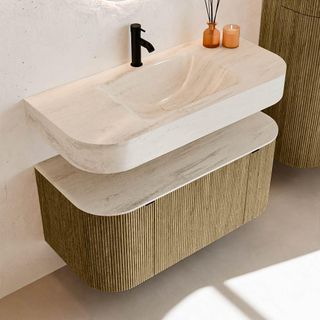 MONDIAZ THOR-DLUX 100cm meuble de salle de bains arrondi gauche + droite couleur Dusk avec 1 tiroir et 2 portes. Vasque suspendue CLOUD Milieu 1 trou de robinet couleur Meli.