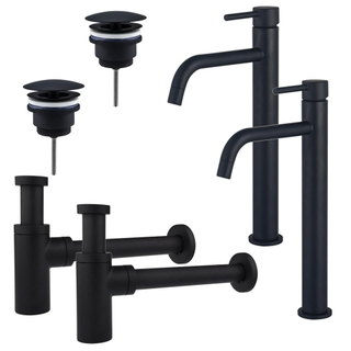FugaFlow Eccelente Sobrado Slim Kit robinet lavabo - pour double vasque - robinet rehaussé - bonde non-obturable - siphon design - Noir mat