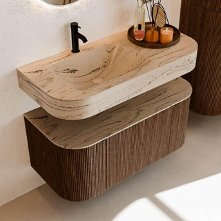 MONDIAZ THOR-DLUX Meuble de salle de bains 100cm arrondi gauche + droite couleur Walnut avec 1 tiroir et 2 portes. Vasque suspendue CLOUD Gauche 1 trou de robinet couleur Arena.