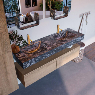 Mondiaz ALAN-DLUX Ensemble de meuble - 150cm - meuble Washed Oak mat - 2 tiroirs - Lavabo Cloud Lava suspendu - vasque Gauche et droite - 2 trous de robinet