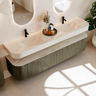 MONDIAZ THOR-DLUX 200cm meuble de salle de bains arrondi gauche + droite couleur Shadow avec 2 tiroirs et 2 portes. Vasque suspendue CLOUD Double 2 trous de robinet couleur Meli.