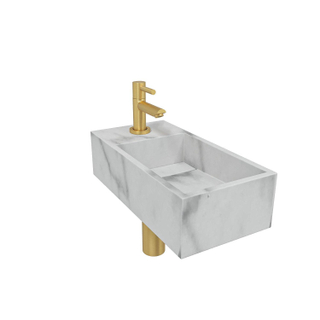 Wiesbaden Noble Pack Lave-mains Droite 36x18x10cm Solid Surface marbré Blanc mat avec robinet Amador Doré brossé mat