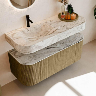 MONDIAZ THOR-DLUX 120cm meuble de salle de bains arrondi gauche + droite couleur Dusk avec 1 tiroir et 2 portes. Vasque suspendue CLOUD Gauche 1 trou de robinet couleur Glace.