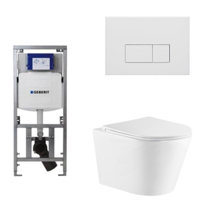QeramiQ Dely Toiletset - 36.3x51.7cm - diepspoel - rimless - Geberit UP320 inbouwreservoir - softclose toiletzitting - mat witte bedieningsplaat - rechtehoekige knoppen - wit glans