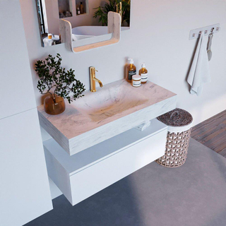 Mondiaz ALAN-DLUX Ensemble de meuble - 90cm - meuble Talc mat - 1 tiroir - Lavabo Cloud Opalo suspendu - vasque Centre - 1 trou de robinet