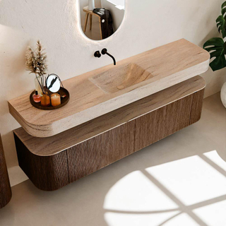 MONDIAZ THOR-DLUX Meuble de salle de bains - 190cm - arrondi gauche + droite - couleur Walnut - 2 tiroirs et 2 portes - Vasque suspendue CLOUD Milieu sans trou de robinet couleur Saba