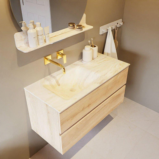 Mondiaz VICA-DLUX ensemble de meuble de salle de bain - 100cm - meuble sous-vasque chêne blanchi - 2 tiroirs - lavabo encastré nuage gauche - sans trous de robinet - version haute de 60cm - ostra