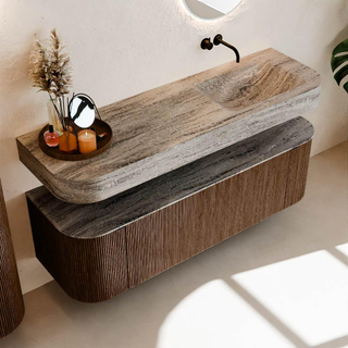 MONDIAZ THOR-DLUX 150cm meuble de salle de bains arrondi gauche + droite couleur Walnut avec 1 tiroir et 2 portes. Vasque suspendue CLOUD droite sans trou de robinet couleur Oza.