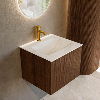 MONDIAZ KURVE-DLUX 50cm badmeubel kleur Walnut met 1 lade. Wastafel GRUNNE midden 1 kraangat kleur Ostra.