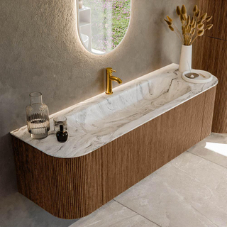 MONDIAZ KURVE-DLUX 150cm Meuble salle de bain avec module 25 G et D - couleur Walnut - 1 tiroir - 2 portes - vasque BIG MEDIUM centre - 1 trou de robinet - couleur Glace