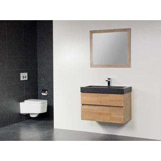 BRAUER Natural Wood Meuble salle de bain avec miroir 80cm suspendu Grey Oak avec vasque en pierre naturelle Black Spirit 1 trou pour robinetterie