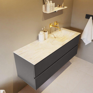 Mondiaz VICA-DLUX ensemble de meuble de salle de bain - 130cm - meuble sous-vasque gris foncé - 2 tiroirs - lavabo encastré cloud droite - sans trous de robinet - version haute de 60cm - ostra