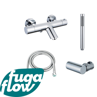 FugaFlow Eccelente Sobrado Badkamer Thermostatische badkraan met staafhanddouche, handdouchehouder en metalen doucheslang chroom