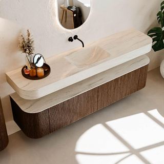 MONDIAZ THOR-DLUX Meuble de salle de bains - 190cm - arrondi gauche + droite - couleur Walnut - 2 tiroirs et 2 portes - Vasque suspendue CLOUD Milieu sans trou de robinet couleur Meli