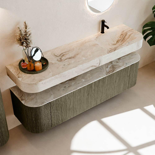 MONDIAZ THOR-DLUX 170cm meuble de salle de bains arrondi gauche + droite couleur Shadow avec 1 tiroir et 2 portes. Vasque suspendue CLOUD Droite 1 trou de robinet couleur Frappe.