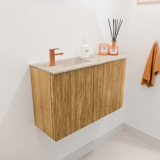 Mondiaz JOYA-DLUX 71.6cm toiletmeubel - ronding rechts kleur Oak - Wastafel FAYE positie Links 1 kraangat kleur Frappe.