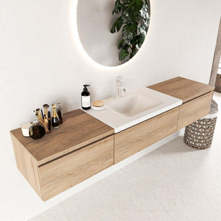 MONDIAZ BUKLA 200cm badmeubel met module 60 kleur Washed Oak met 3 lades. Wastafel CLOUD midden 1 kraangat kleur Talc.