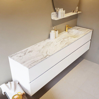 Mondiaz VICA-DLUX ensemble de meuble de salle de bain - 200cm - meuble sous-vasque talc - 4 tiroirs - lavabo encastré cloud droite - 1 trou de robinet - version haute de 60cm - glace