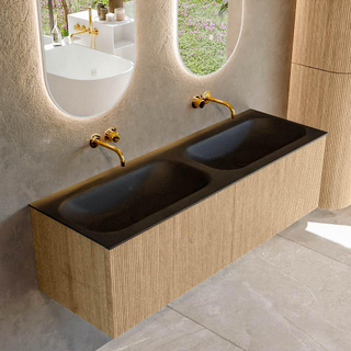 MONDIAZ KURVE 140cm Meuble salle de bain - couleur Oak - 2 tiroirs - vasque BIG SMALL double - sans trous de robinet - Urban