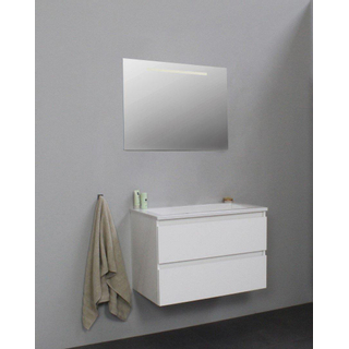 Basic Bella Badkamermeubelset - 80x55x46cm - 1 wasbak - Acryl - Wit - 0 kraangaten - Wandspiegel met verlichting - Spaanplaat Wit hoogglans