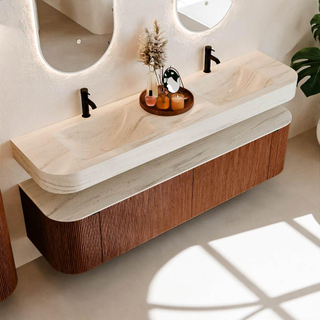 MONDIAZ THOR-DLUX Meuble de salle de bains - 180cm - arrondi gauche + droite - couleur Ruby - 2 tiroirs et 2 portes - Vasque suspendue CLOUD Double 2 trous de robinet - couleur Meli