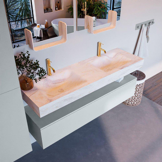 Mondiaz ALAN-DLUX Ensemble de meuble - 150cm - meuble - Clay mat - 1 tiroir - Lavabo Cloud Ostra suspendu - vasque gauche et droite - 2 trous de robinet - Beige