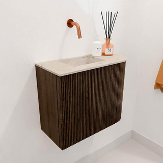 Mondiaz JOYA-DLUX Meuble de toilette - 51,6 cm - arrondi droit couleur Noyer - Lavabo FAYE position Gauche Sans trou de robinet couleur Frappe