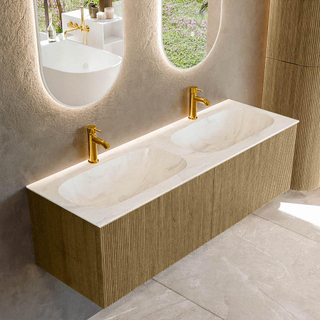 Mondiaz KURVE-DLUX Ensemble de meuble salle de bain - 140x46x40cm - 2 tiroirs - lavabo en solid surface - double - 2 trous de robinet - Dusk