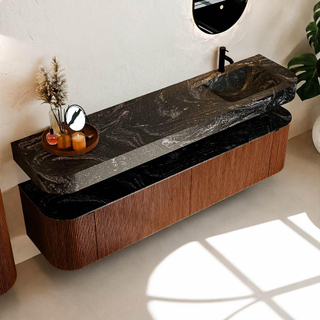 MONDIAZ THOR-DLUX Meuble de salle de bains 190cm arrondi gauche + droite couleur Ruby avec 2 tiroirs et 2 portes. Vasque suspendue CLOUD Droite 1 trou de robinet couleur Lava.