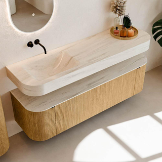 MONDIAZ THOR-DLUX 160cm meuble de salle de bains arrondi gauche + droite couleur Oak avec 1 tiroir et 2 portes. Vasque suspendue CLOUD Gauche sans trou de robinet couleur Meli.