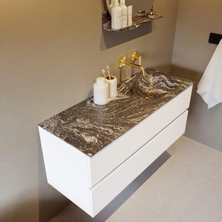 Mondiaz VICA-DLUX ensemble de meuble de salle de bain - 120cm - meuble sous lavabo talc - 4 tiroirs - lavabo encastrée cloud droite - sans trous de robinet - version haute de 60cm - lave