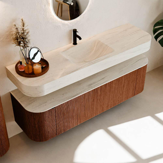 MONDIAZ THOR-DLUX 160cm meuble de salle de bains arrondi gauche + droite couleur Ruby avec 1 tiroir et 2 portes. Vasque suspendue CLOUD Milieu 1 trou de robinet couleur Meli.