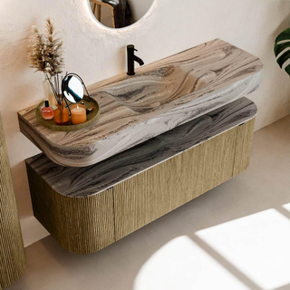 MONDIAZ THOR-DLUX 140cm meuble de salle de bains arrondi gauche + droite couleur Dusk avec 1 tiroir et 2 portes. Vasque suspendue CLOUD Milieu 1 trou de robinet couleur Sombra.