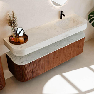 MONDIAZ THOR-DLUX 160cm meuble de salle de bains arrondi gauche + droite couleur Ruby avec 1 tiroir et 2 portes. Vasque suspendue CLOUD Droite 1 trou de robinet couleur Opalo.