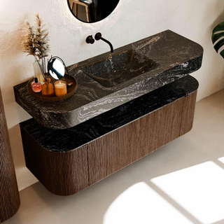 MONDIAZ THOR-DLUX Meuble de salle de bains 140cm arrondi gauche + droite couleur Walnut avec 1 tiroir et 2 portes. Vasque suspendue CLOUD Milieu sans trou de robinet couleur Lava.