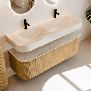 MONDIAZ THOR-DLUX 140cm meuble de salle de bains arrondi gauche + droite couleur Oak avec 1 tiroir et 2 portes. Vasque suspendue CLOUD Double 2 trous de robinet couleur Meli.