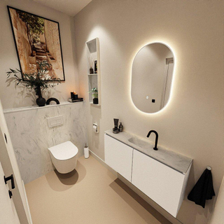 MONDIAZ TURE-DLUX Meuble toilette - 100cm - Talc - EDEN - vasque Opalo - position centrale - 1 trou de robinet
