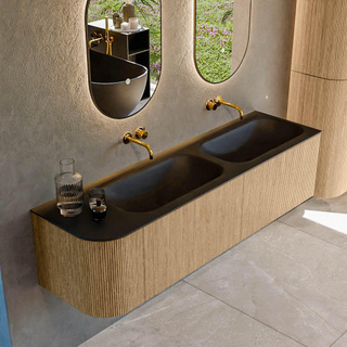 MONDIAZ KURVE 165cm Meuble salle de bain avec module 25 G - couleur Oak - 2 tiroirs - 1 porte - vasque BIG SMALL double / droite - sans trous de robinet - Urban