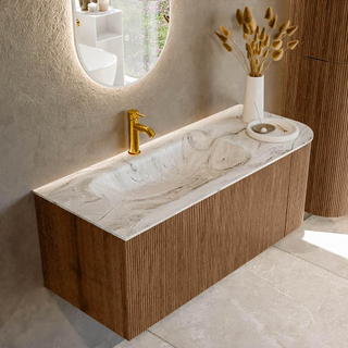 MONDIAZ KURVE-DLUX 115cm Meuble salle de bain avec module 25 D - couleur Walnut - 1 tiroir - 1 porte - vasque BIG SMALL gauche - 1 trou de robinet - couleur Glace