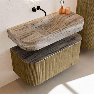 MONDIAZ THOR-DLUX 100cm meuble de salle de bains arrondi gauche + droite couleur Dusk avec 1 tiroir et 2 portes. Vasque suspendue CLOUD Milieu sans trou de robinet couleur Oza.